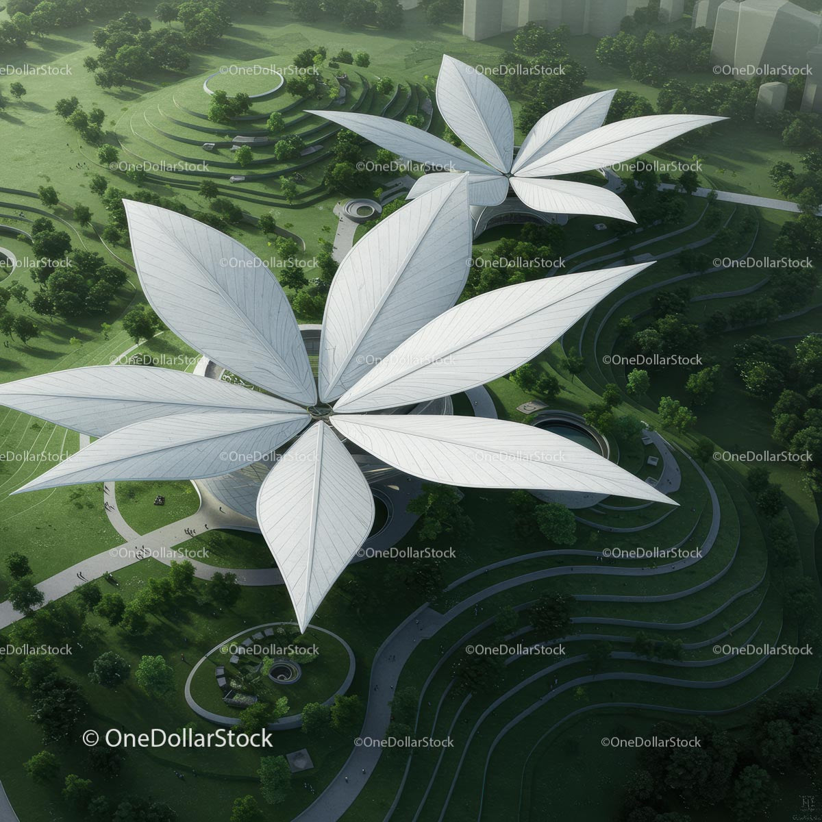 Innovative Architectural Structures Amidst Lush Greenery