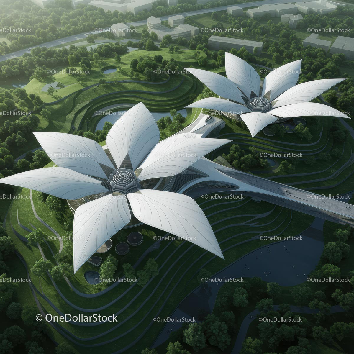 Futuristic Lotus-Shaped Buildings in Green Landscape