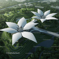 Futuristic Lotus-Shaped Buildings in Green Landscape