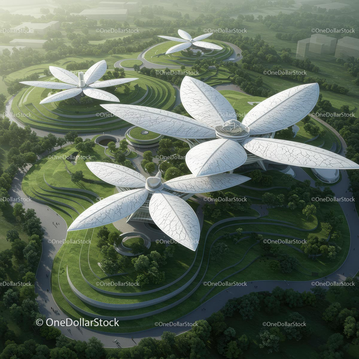 Futuristic Eco-Friendly Architecture in Green Urban Landscape