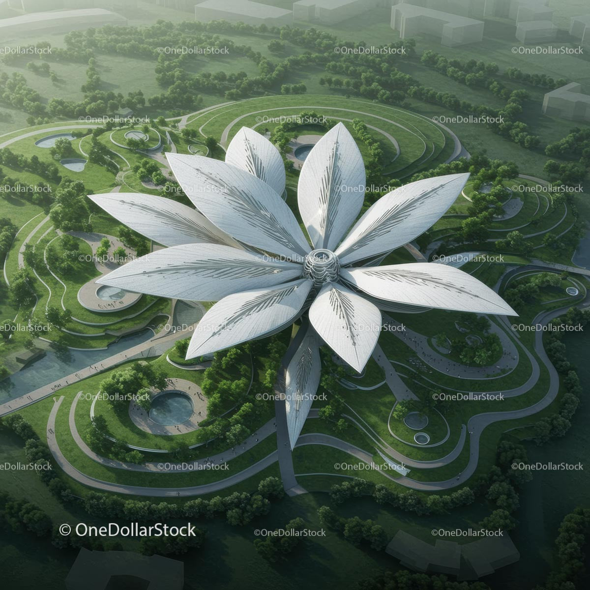 Futuristic Flower Shaped Structure in Green Urban Park