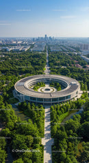 Futuristic Circular Building in Urban Green Oasis