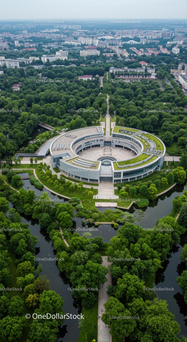 Okrągły, nowoczesny budynek otoczony bujnym zielonym parkiem