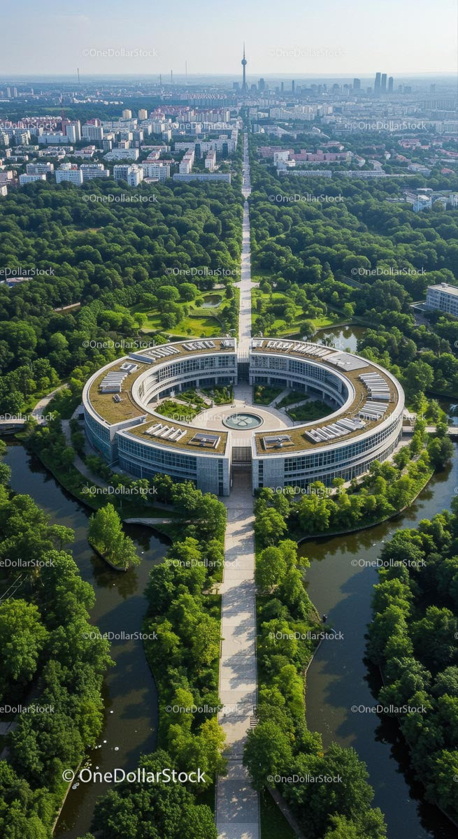Aerial View of Circular Building Amidst Urban Greenery