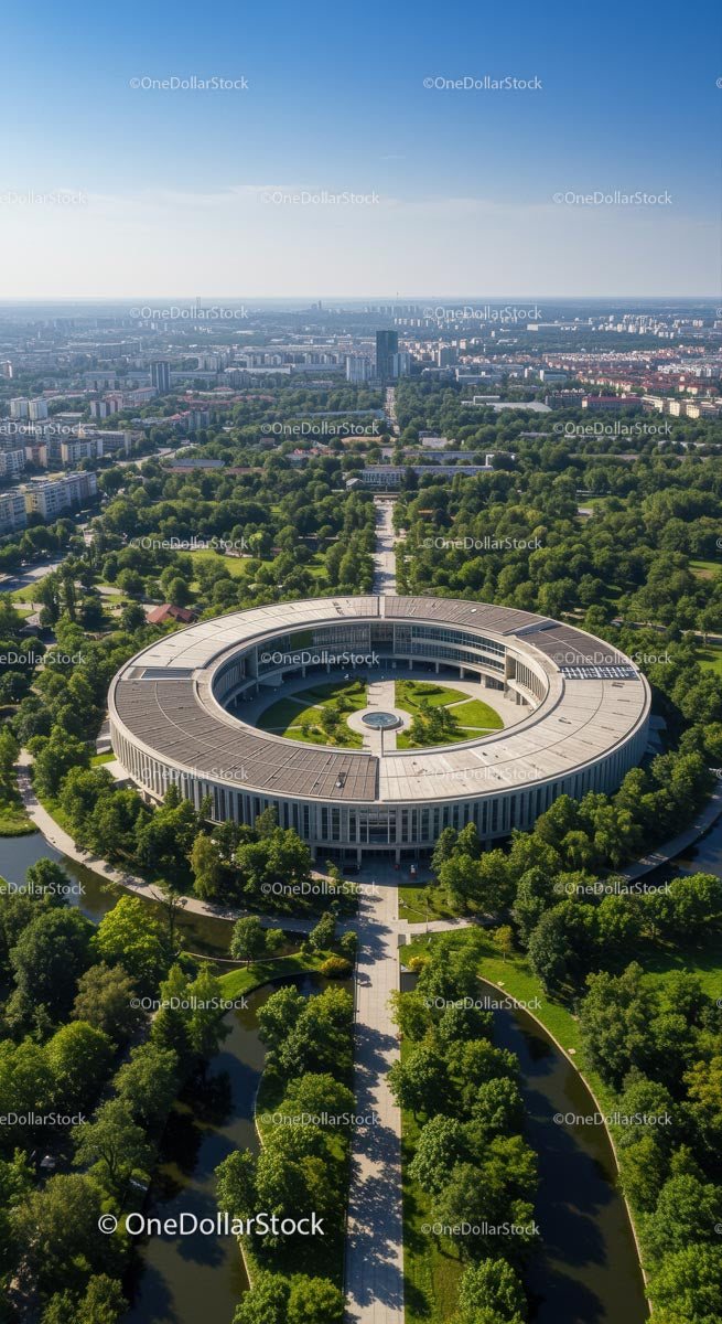 Aerial View of Circular Building with Park Surroundings