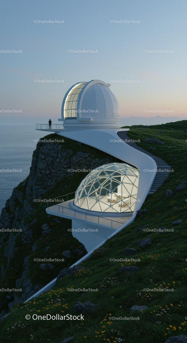 Futurystyczne Obserwatorium na Nadmorskim Klifie o Zachodzie Słońca