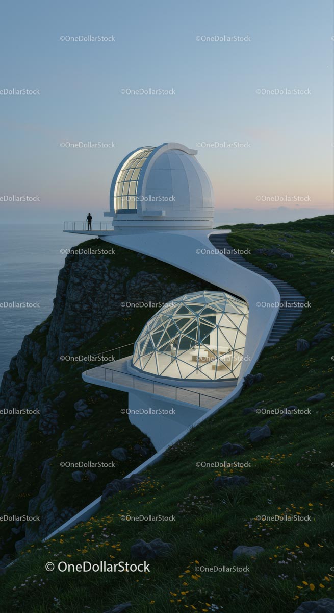Futuristic Observatory on Coastal Cliff at Sunset