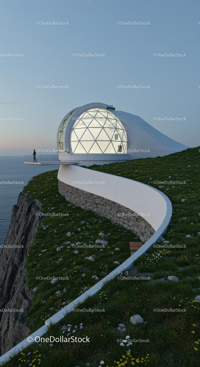 Futuristic Glass Dome Overlooking Sea and Cliff