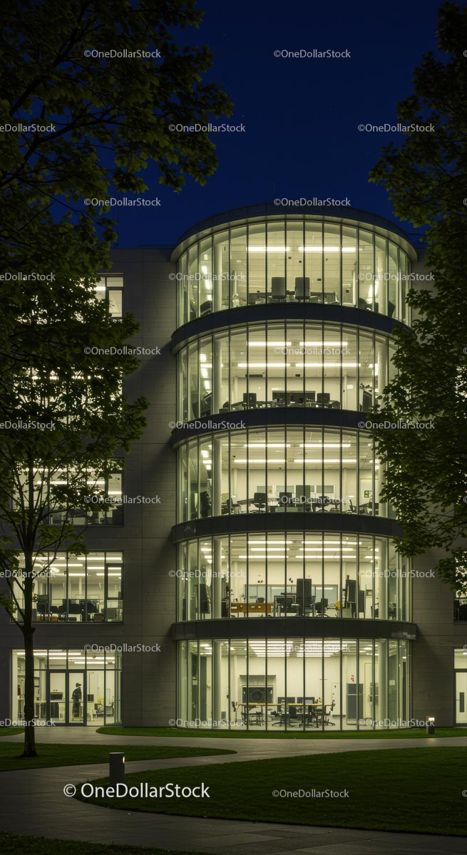 Modern Office Building with Glass Facade at Night