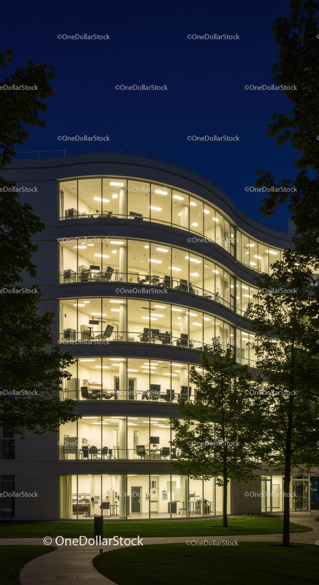 Modern Glass Office Building Illuminated at Night