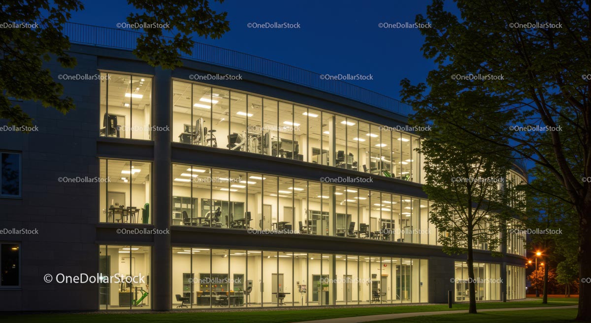 Modern Office Building Illuminated at Dusk
