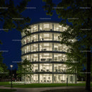 Illuminated Modern Office Building at Night