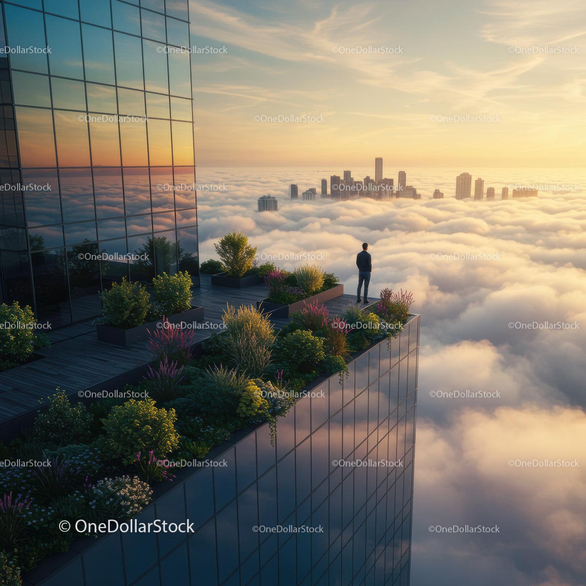 Rooftop Garden Overlooking Skyline at Sunset