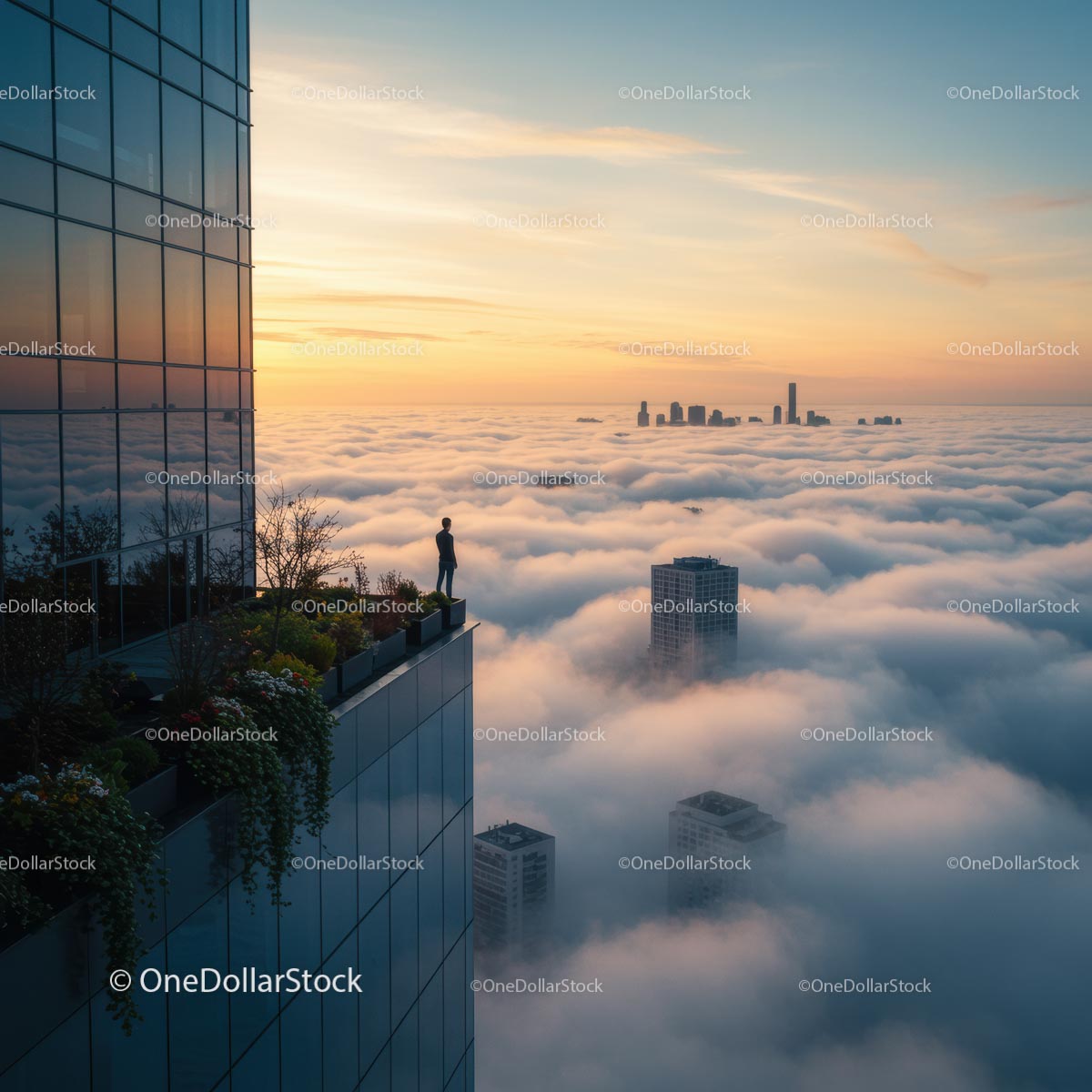 Serene Sunrise Over Foggy Cityscape with Rooftop Garden