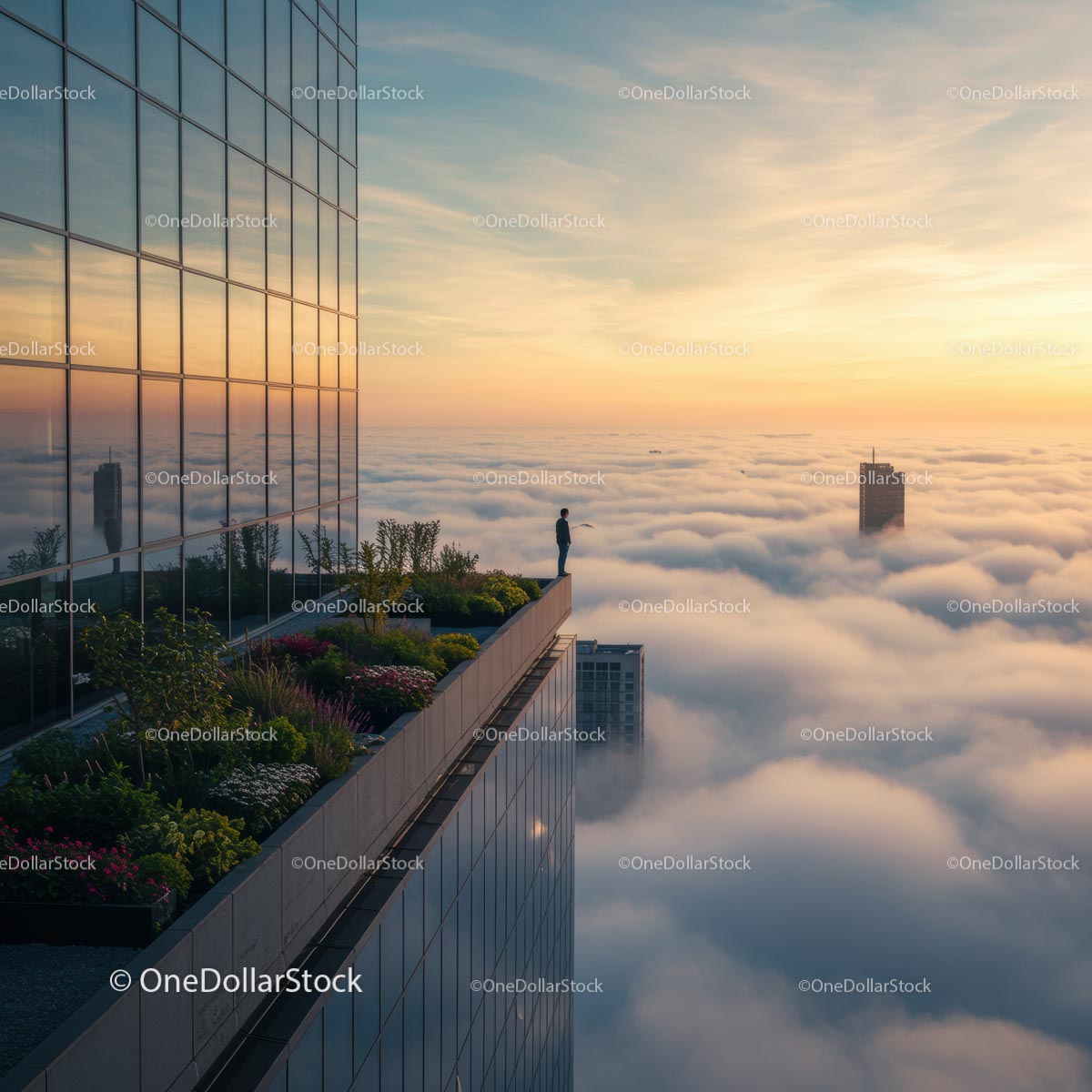 Person Standing on Skyscraper Rooftop Amidst Morning Fog