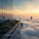 Person Standing on Skyscraper Rooftop Amidst Morning Fog