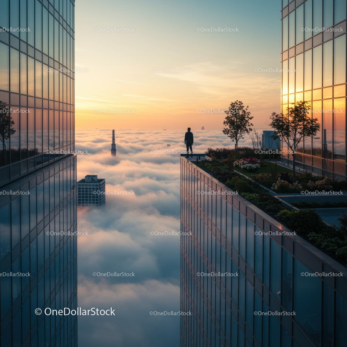 Serene Sunset Over Foggy Urban Rooftop Garden