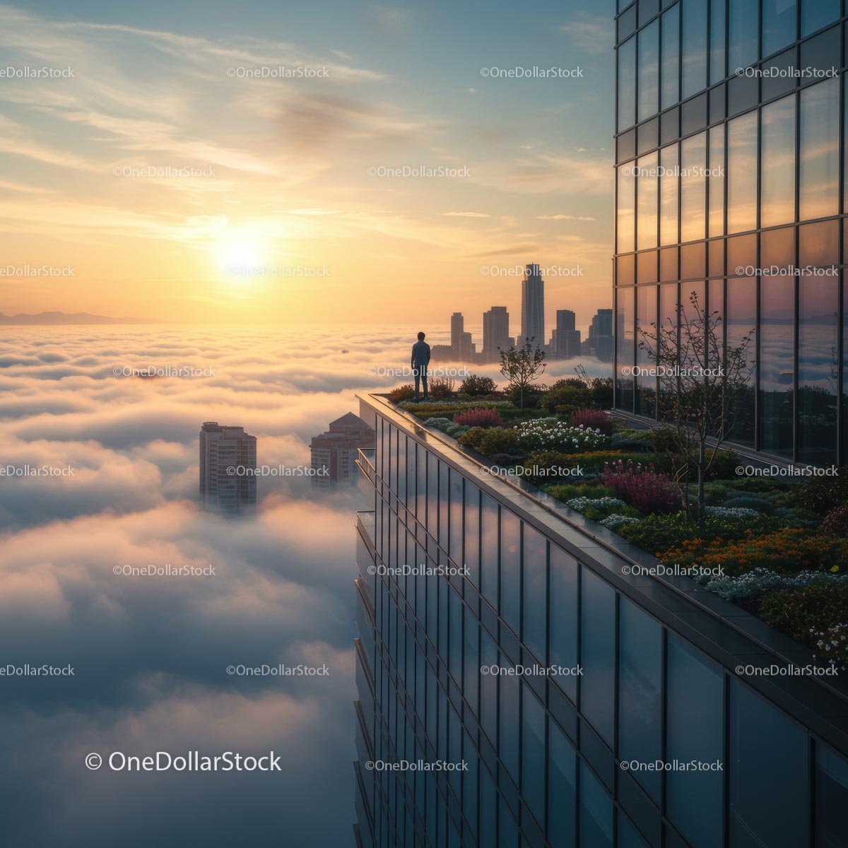 Man Admiring Cityscape from Rooftop Garden at Sunrise