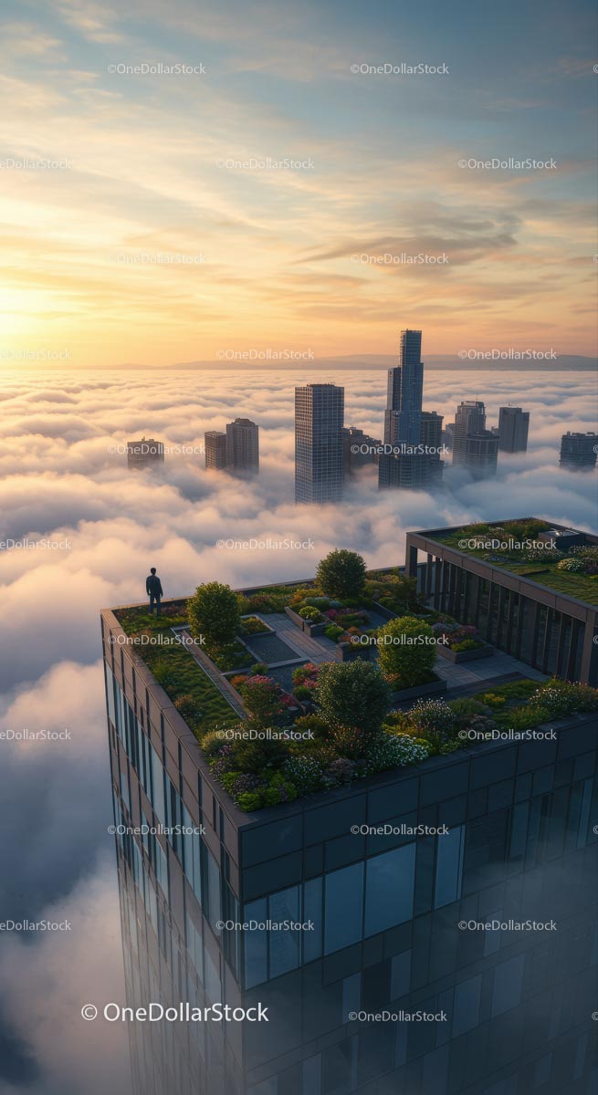 Skyscraper Rooftop Garden Above Clouds at Sunrise