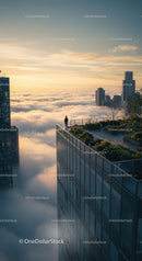 Person Standing on Rooftop Garden Above the Clouds