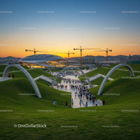 Futuristic Park with Curved Metallic Arches at Sunset