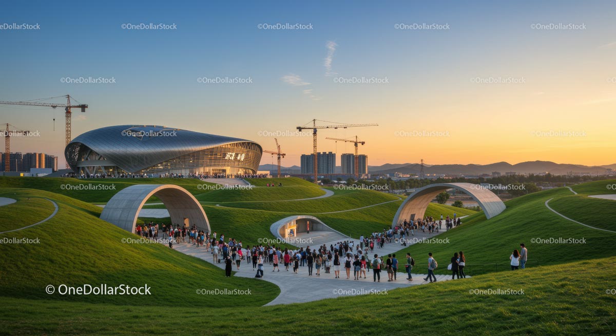Futuristic Public Park with Innovative Architecture at Sunset