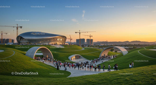 Futurystyczny park publiczny z innowacyjną architekturą o zachodzie słońca