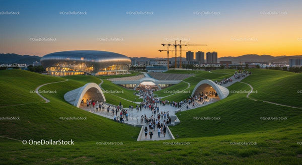Futurystyczny Kompleks Architektoniczny o Zachodzie Słońca