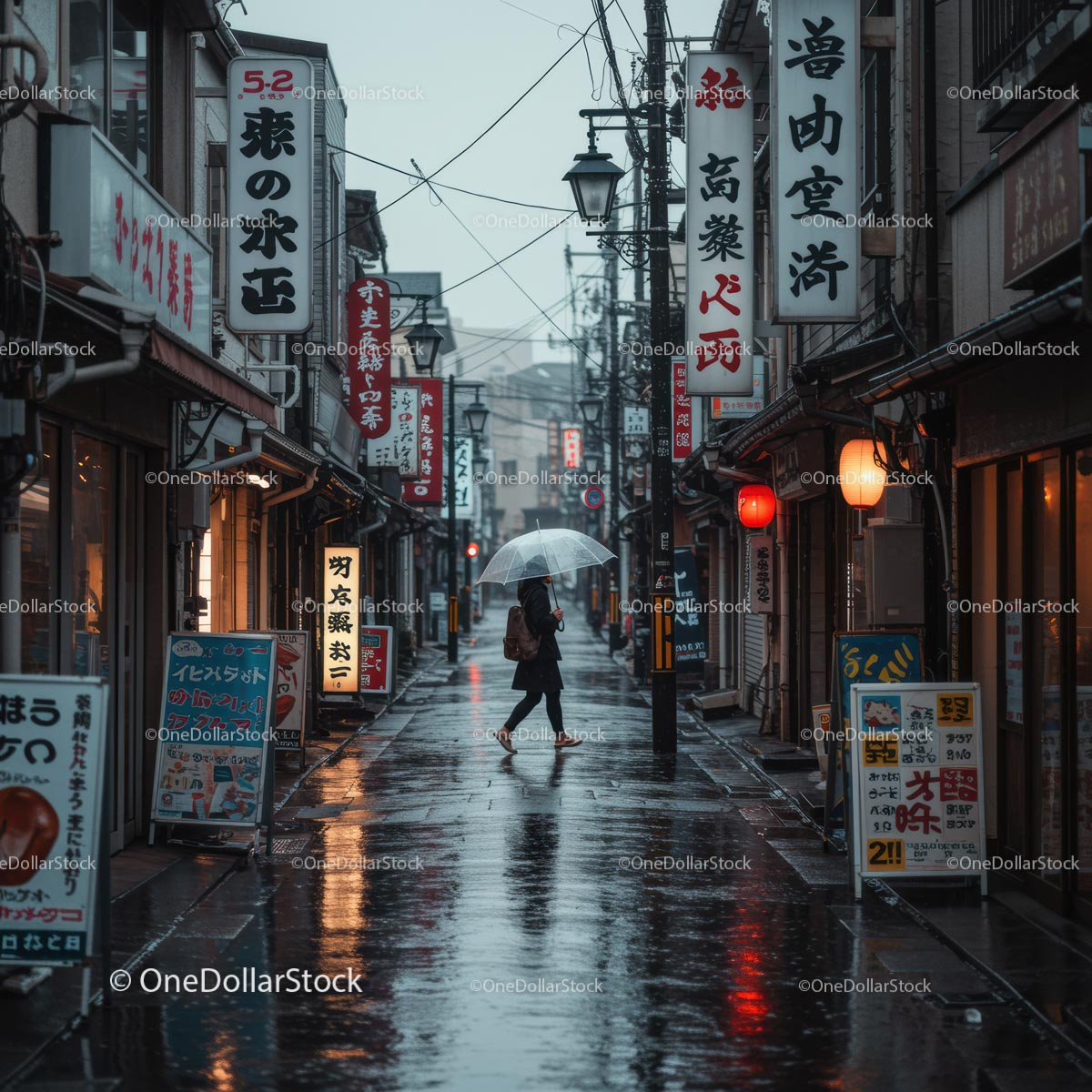 Rainy Evening in a Japanese Urban Street with Lanterns