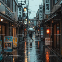 Rainy Night in a Traditional Japanese Alley with Lanterns