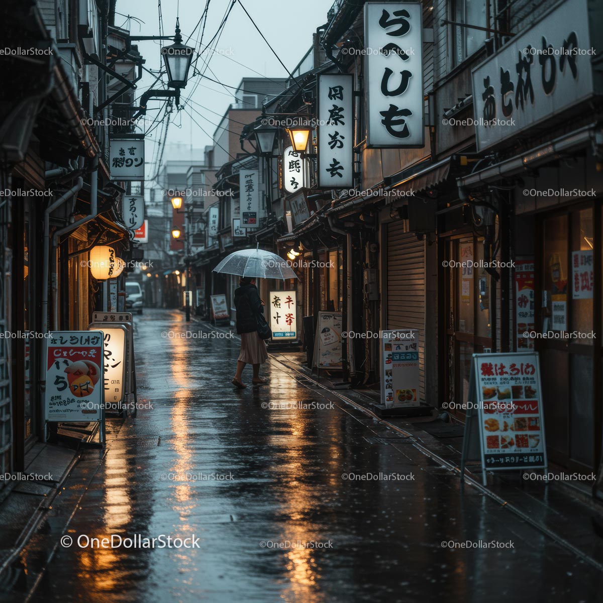 Deszczowa noc na ulicy w Japonii z podświetlanymi znakami