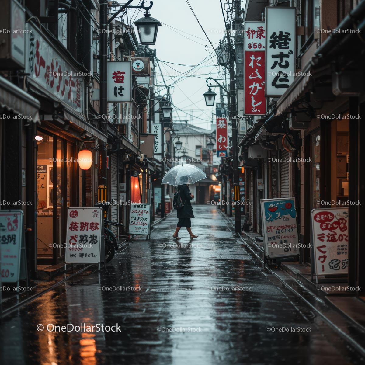 Tranquil Rainy Evening in a Japanese Alleyway