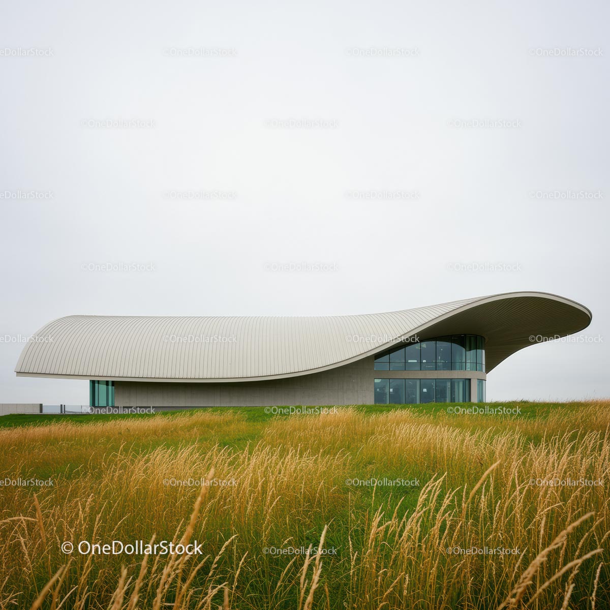 Contemporary Building with Curved Roof and Glass Facade