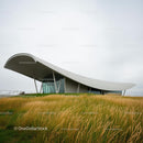 Modern Architecture with Curved Roof and Lush Landscape