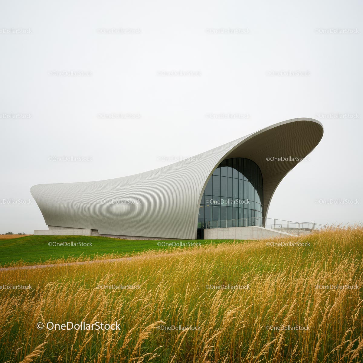 Futuristic Building with Curved Roof and Glass Facade