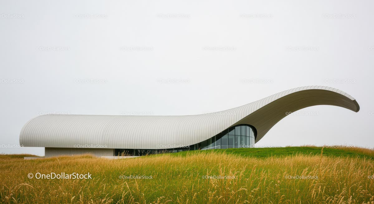 Modern Building with Curved Roof in Open Landscape