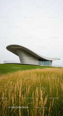 Futuristic Building with Curved Roof in Green Field