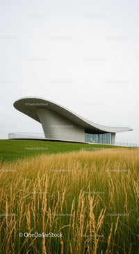 Futuristic Building with Curved Roof in Green Field