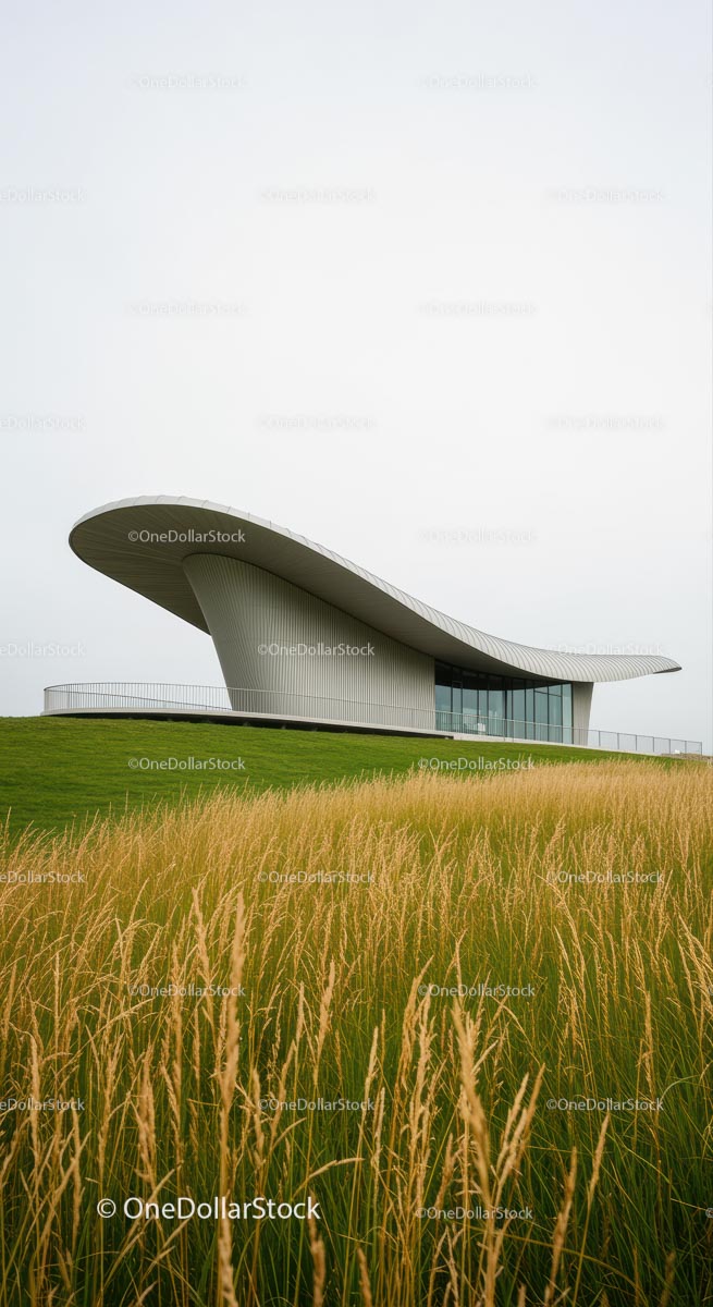 Futuristic Building with Curved Roof in Green Field