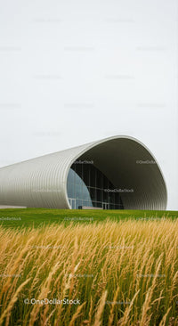 Modern Building with Curved Roof Near Grass Field