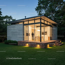Modern Glass House with Evening Lights in Green Surroundings