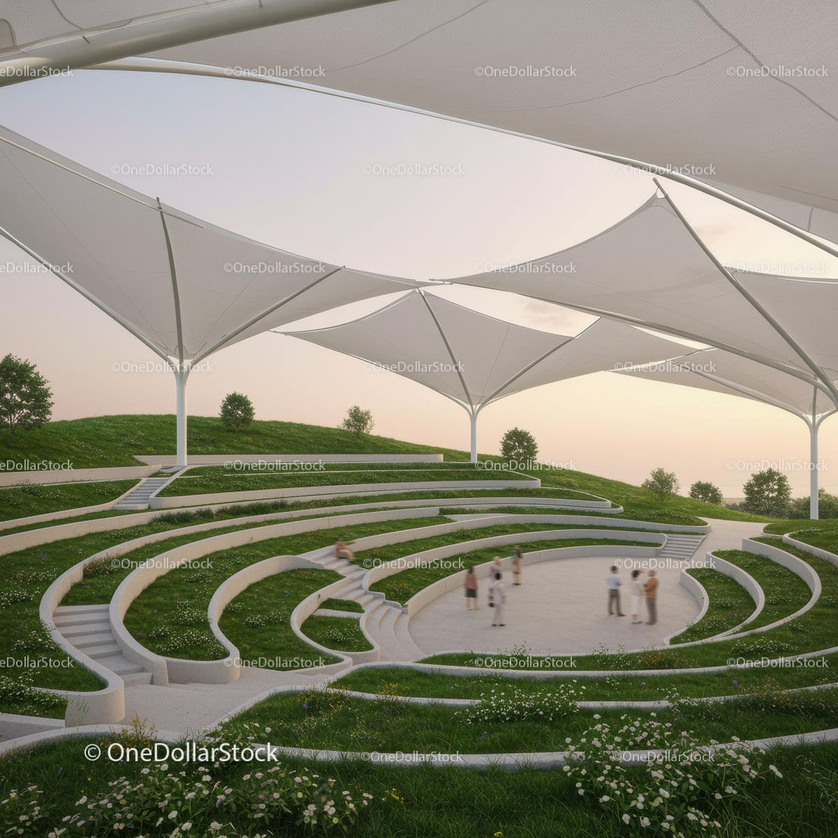 Modern Amphitheater with White Canopy and Green Lawn