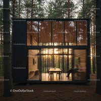 Modern Glass Cabin in Serene Pine Forest at Sunset