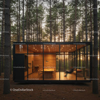 Modern Glass Cabin Surrounded by Pine Forest at Sunset