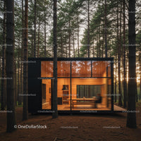 Modern Glass Cabin Nestled Among Tall Pine Trees