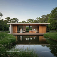 Modern Wooden House with Glass Facade by Calm Water