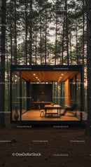 Modern Glass Cabin Nestled Among Tall Pine Trees