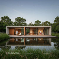 Modern Glass House Reflecting in Serene Nature Setting