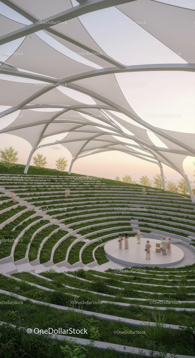 Modern Amphitheater with Green Seating and Canopy Design