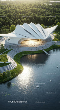 Futuristic Building Surrounded by Lush Greenery and Water